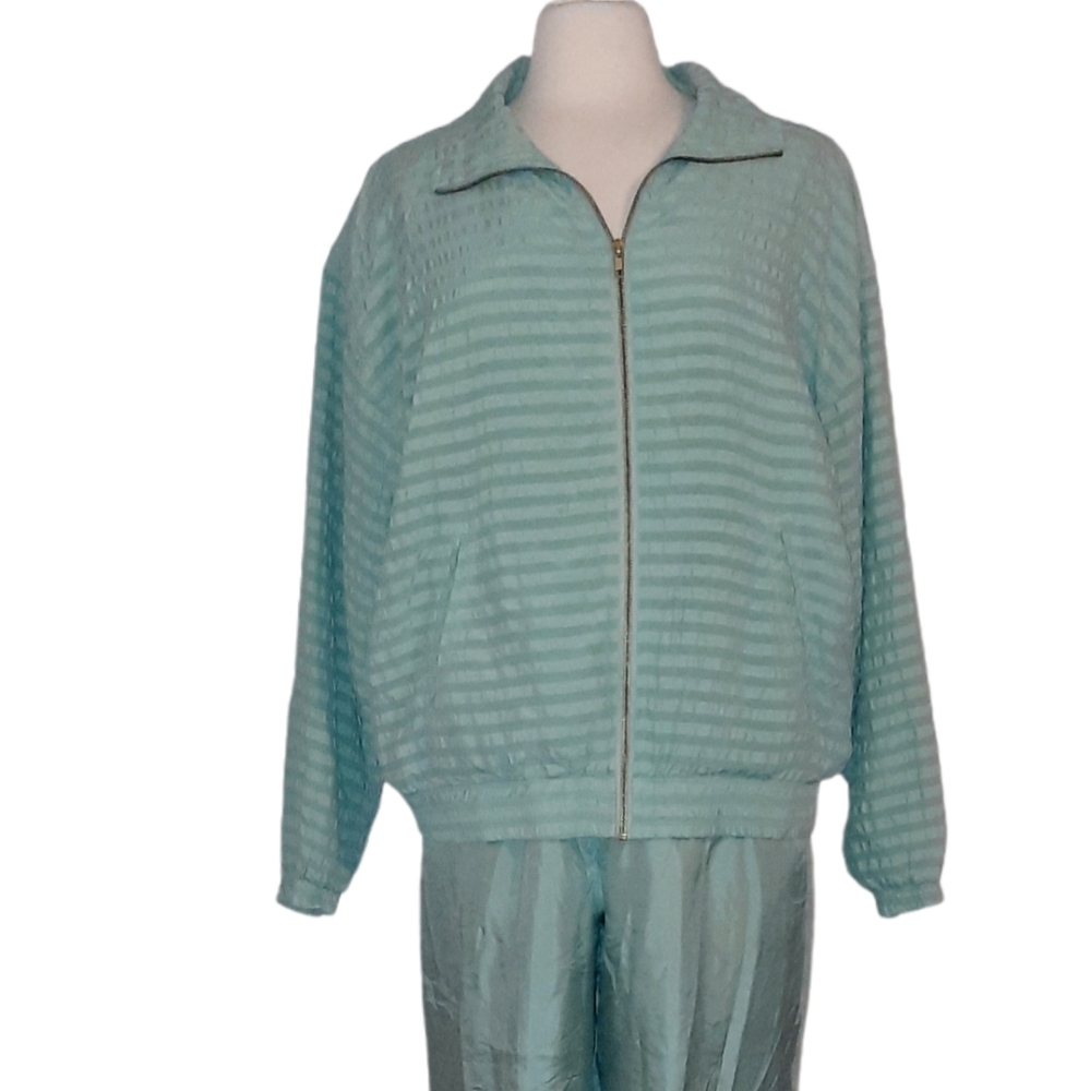 Vintage Washed Silk Track Suit Jump Suit M Romper Athleisure athletic green